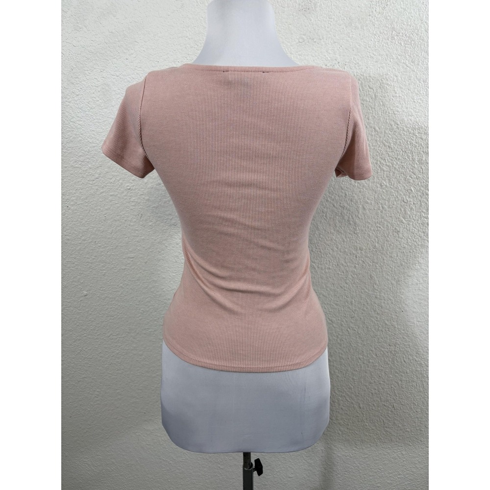 Mixed Thread Shirt Womens‎ XS Pink Ribbed Square Neck Ruched Y2K - Picture 3 of 8
